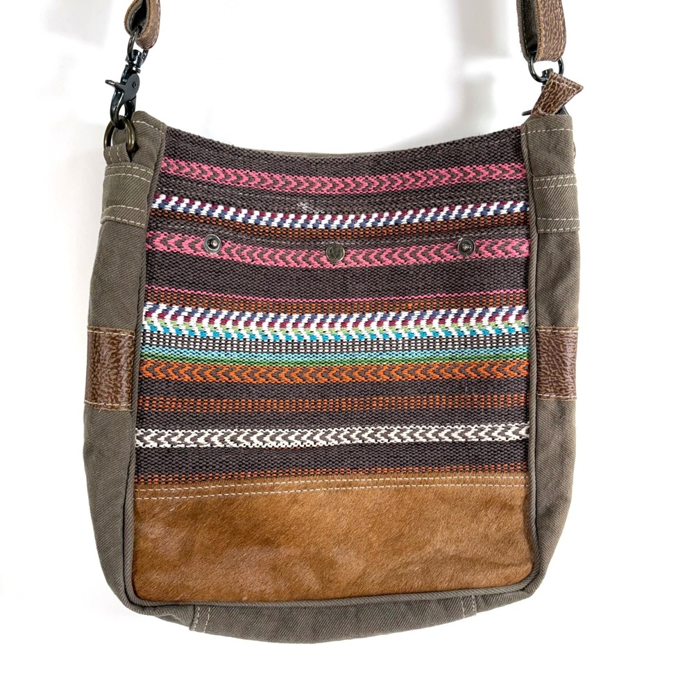 Myra Bag Crossbody Bag Olive Green Canvas Woven Multi-Color Hair-on-Hide Trim
